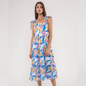 BLU PEPPER 🩵 Brush Stroke Print Tiered Midi Dress